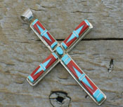Native American Inlay Turquoise Cross Pendant Zuni 